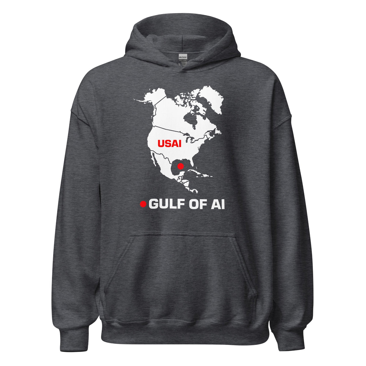 Product mockup photo of the Gulf of AI Hoodie (unisex) Dark Heather / M.