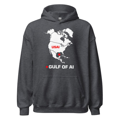 Product mockup photo of the Gulf of AI Hoodie (unisex) Dark Heather / M.