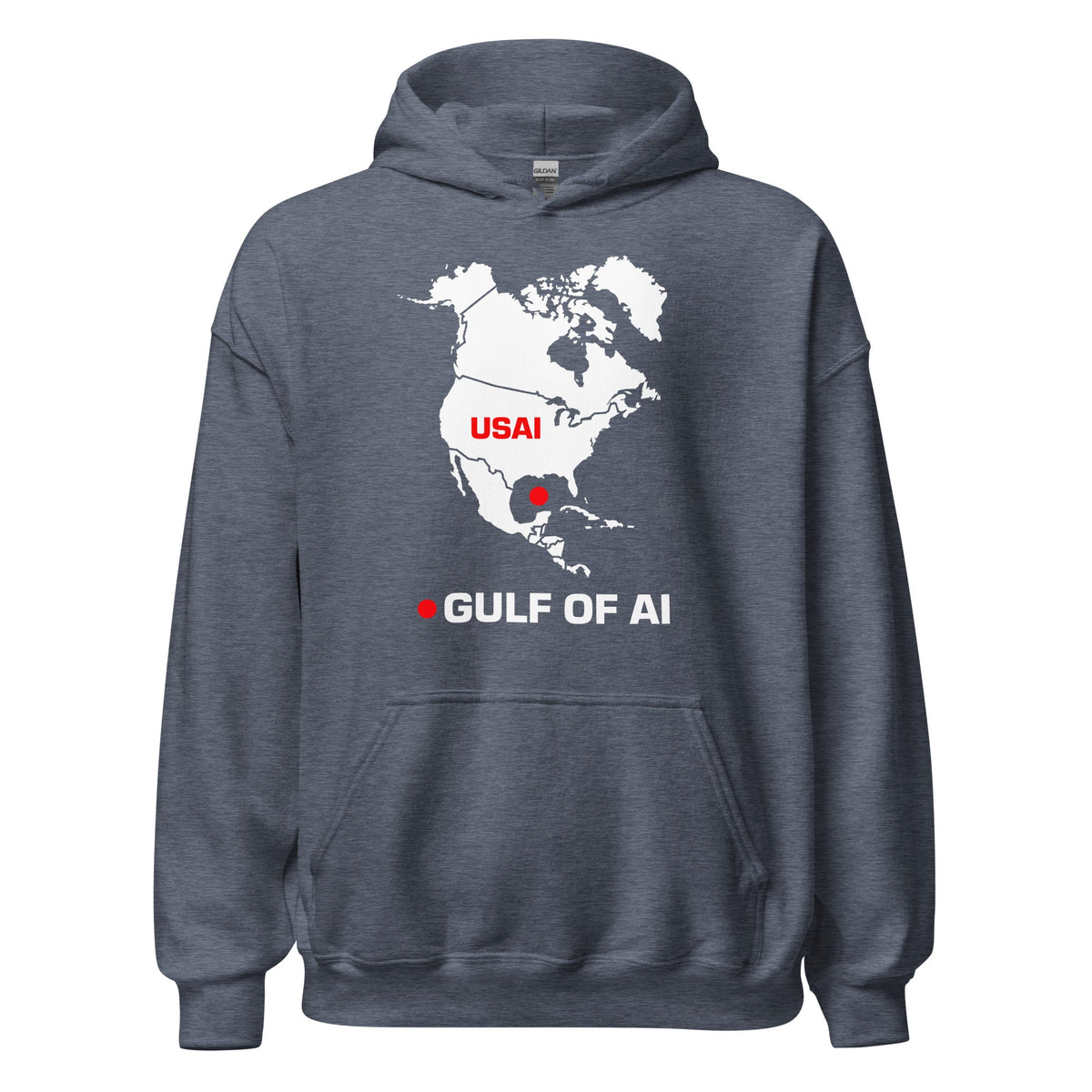 Product mockup photo of the Gulf of AI Hoodie (unisex) Heather Sport Dark Navy / M.