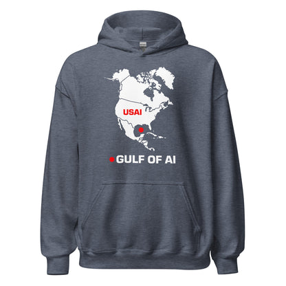 Product mockup photo of the Gulf of AI Hoodie (unisex) Heather Sport Dark Navy / M.