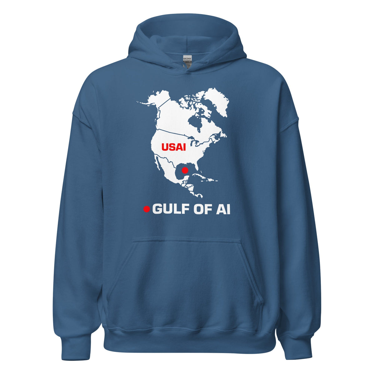 Product mockup photo of the Gulf of AI Hoodie (unisex) Indigo Blue / M.