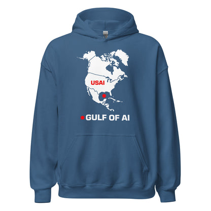 Product mockup photo of the Gulf of AI Hoodie (unisex) Indigo Blue / M.