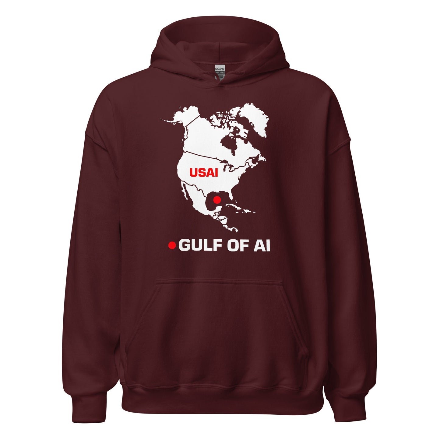 Product mockup photo of the Gulf of AI Hoodie (unisex) Maroon / M.