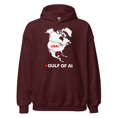 Product mockup photo of the Gulf of AI Hoodie (unisex) Maroon / M.