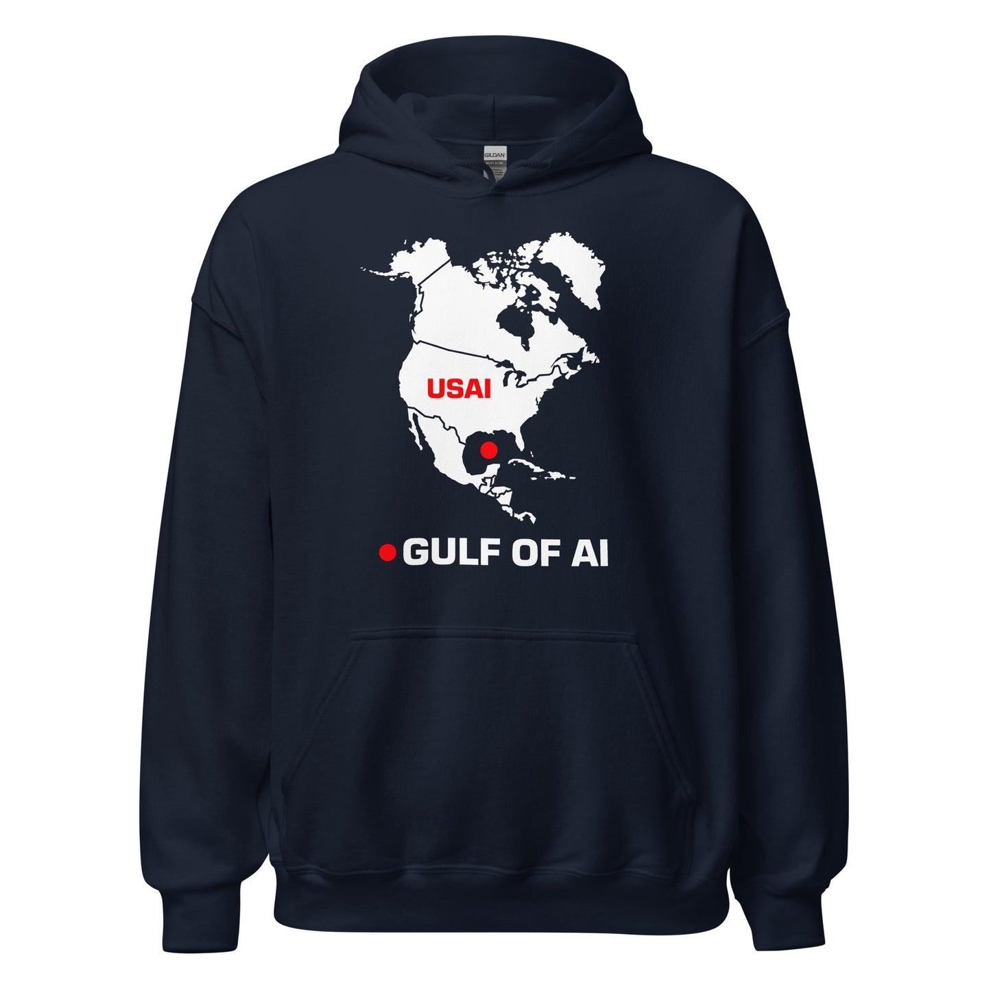 Product mockup photo of the Gulf of AI Hoodie (unisex) Navy / M.
