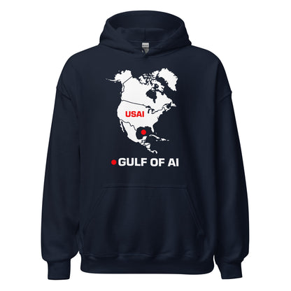 Product mockup photo of the Gulf of AI Hoodie (unisex) Navy / M.
