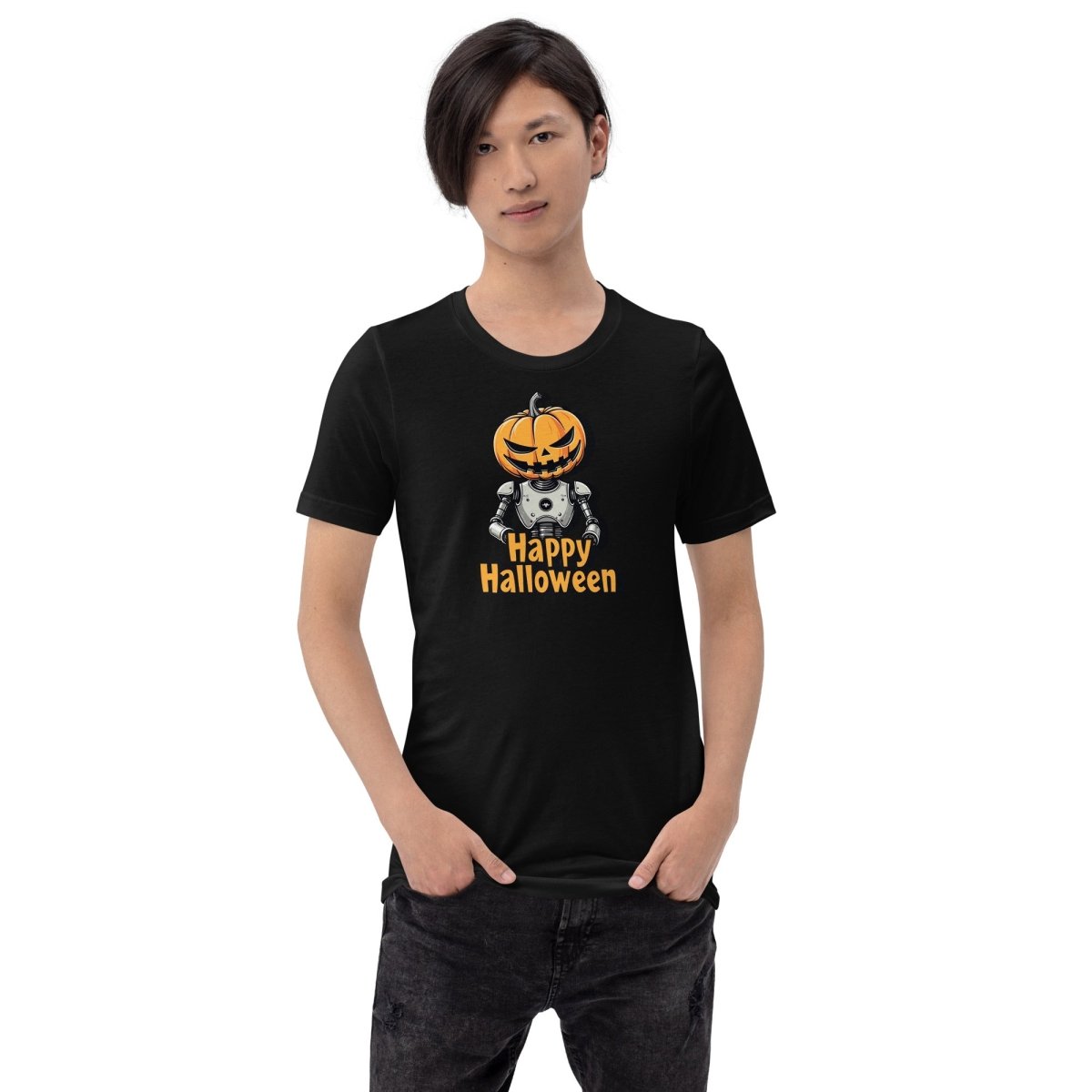 Product mockup photo of the Happy Halloween Robot with Pumpkin Head T Shirt 2 (unisex) 🎃.