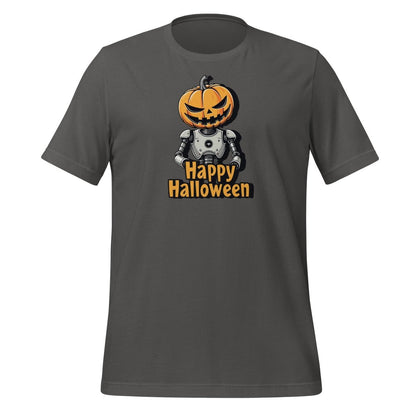 Product mockup photo of the Happy Halloween Robot with Pumpkin Head T Shirt 2 (unisex) 🎃 Asphalt / M.