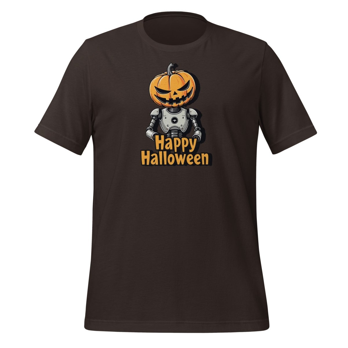 Product mockup photo of the Happy Halloween Robot with Pumpkin Head T Shirt 2 (unisex) 🎃 Brown / M.