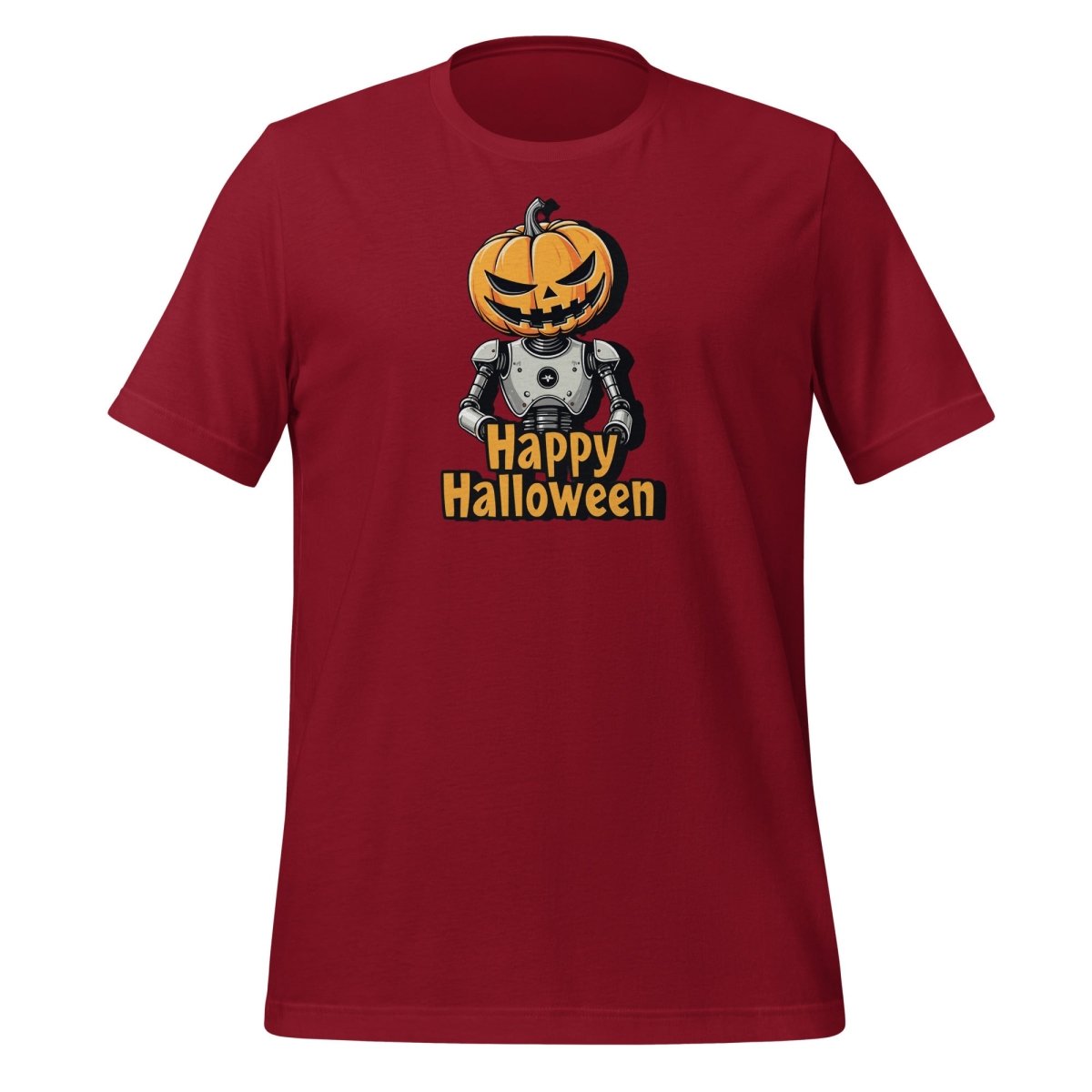 Product mockup photo of the Happy Halloween Robot with Pumpkin Head T Shirt 2 (unisex) 🎃 Cardinal / M.