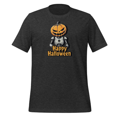 Product mockup photo of the Happy Halloween Robot with Pumpkin Head T Shirt 2 (unisex) 🎃 Dark Grey Heather / M.