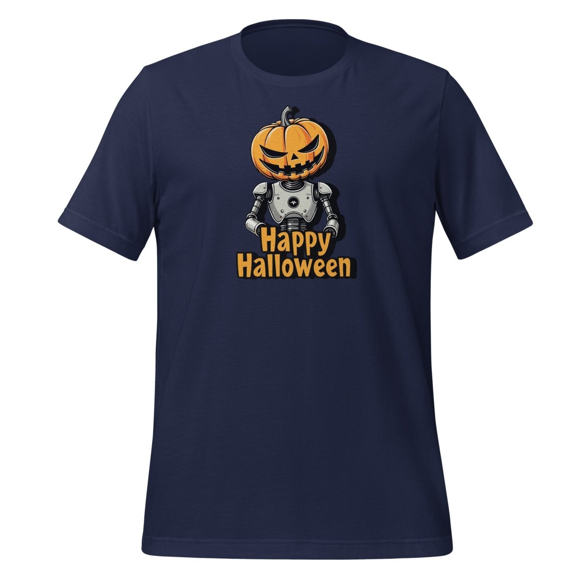 Product mockup photo of the Happy Halloween Robot with Pumpkin Head T Shirt 2 (unisex) 🎃 Navy / M.