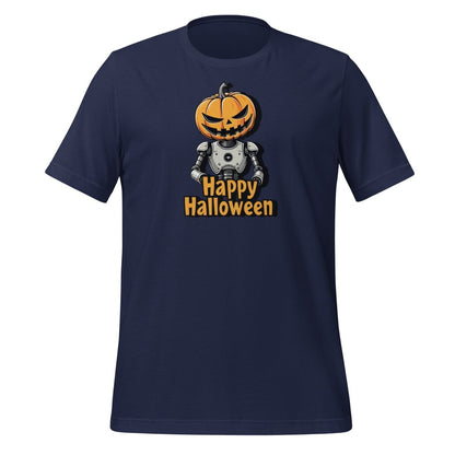 Product mockup photo of the Happy Halloween Robot with Pumpkin Head T Shirt 2 (unisex) 🎃 Navy / M.