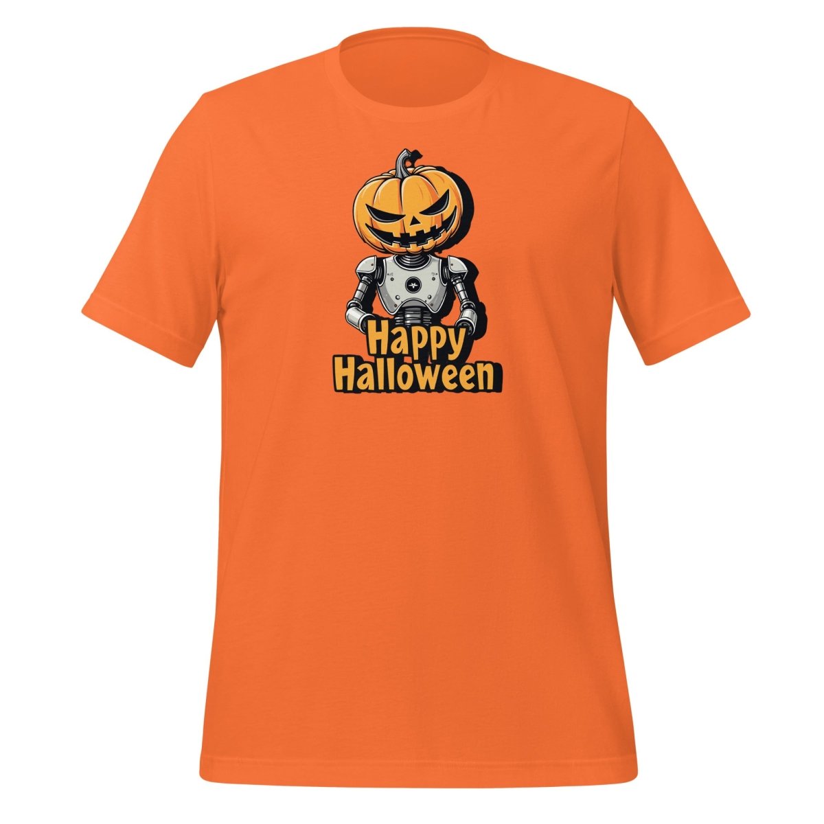 Product mockup photo of the Happy Halloween Robot with Pumpkin Head T Shirt 2 (unisex) 🎃 Orange / M.