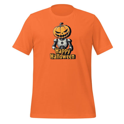 Product mockup photo of the Happy Halloween Robot with Pumpkin Head T Shirt 2 (unisex) 🎃 Orange / M.