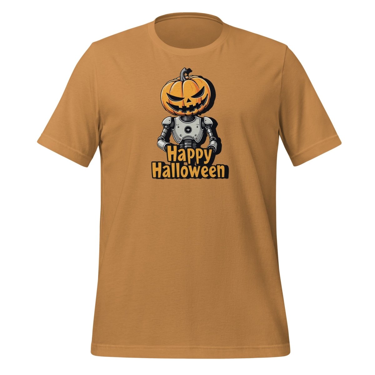 Product mockup photo of the Happy Halloween Robot with Pumpkin Head T Shirt 2 (unisex) 🎃 Toast / M.