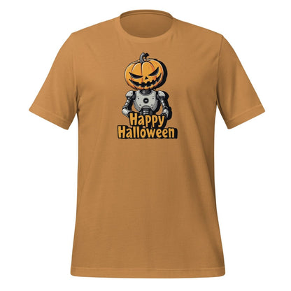 Product mockup photo of the Happy Halloween Robot with Pumpkin Head T Shirt 2 (unisex) 🎃 Toast / M.