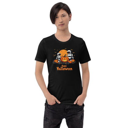 Product mockup photo of the Happy Halloween Robots T Shirt 3 (unisex) 🎃.