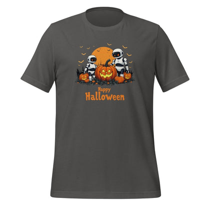 Product mockup photo of the Happy Halloween Robots T Shirt 3 (unisex) 🎃 Asphalt / M.