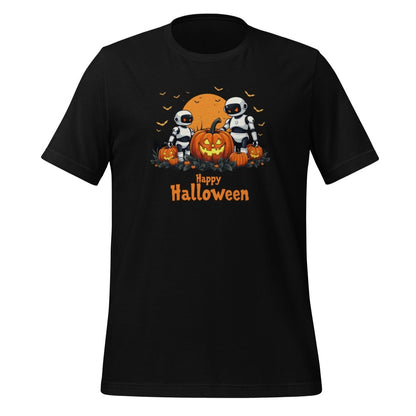 Product mockup photo of the Happy Halloween Robots T Shirt 3 (unisex) 🎃 Black / M.