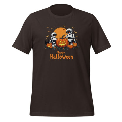 Product mockup photo of the Happy Halloween Robots T Shirt 3 (unisex) 🎃 Brown / M.