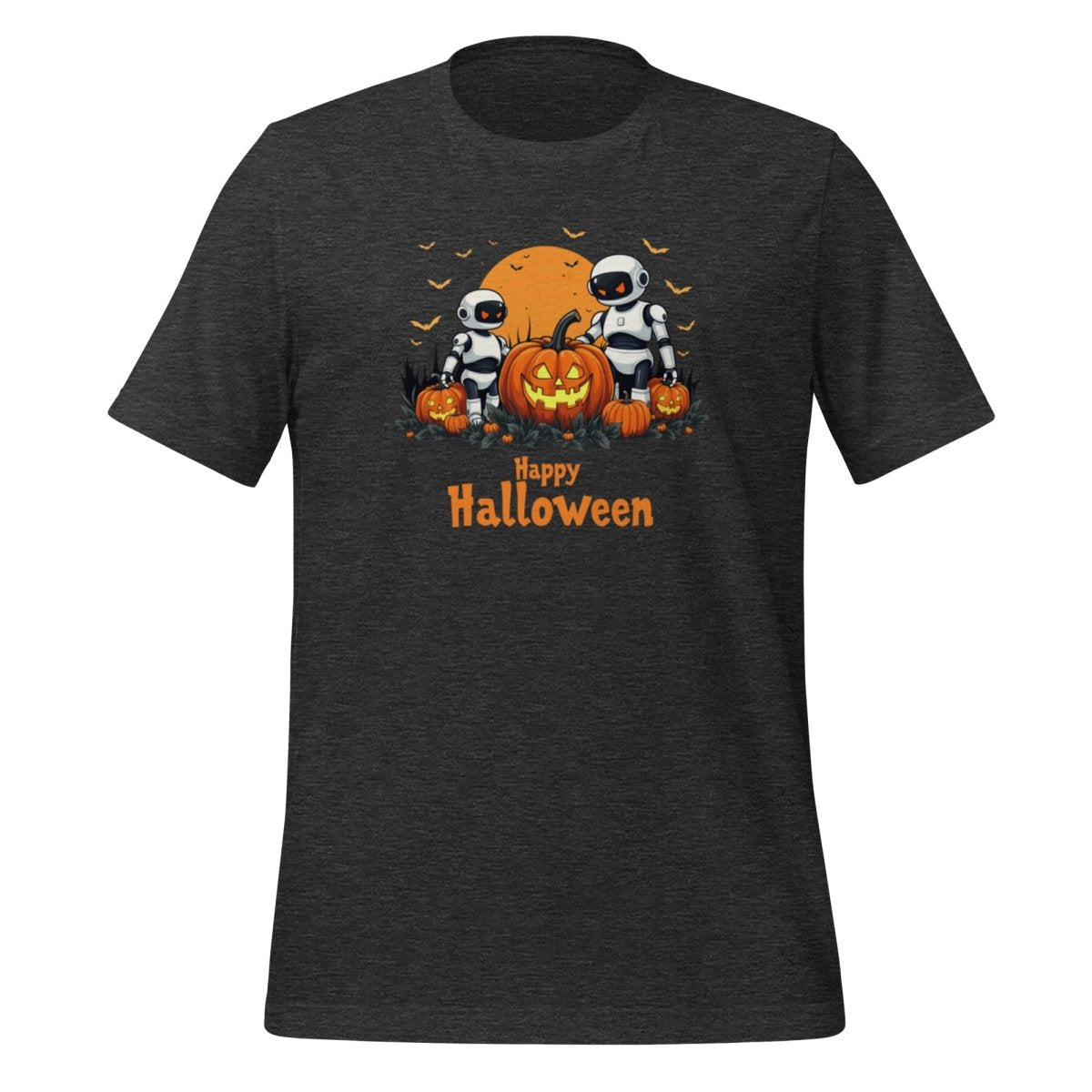 Product mockup photo of the Happy Halloween Robots T Shirt 3 (unisex) 🎃 Dark Grey Heather / M.