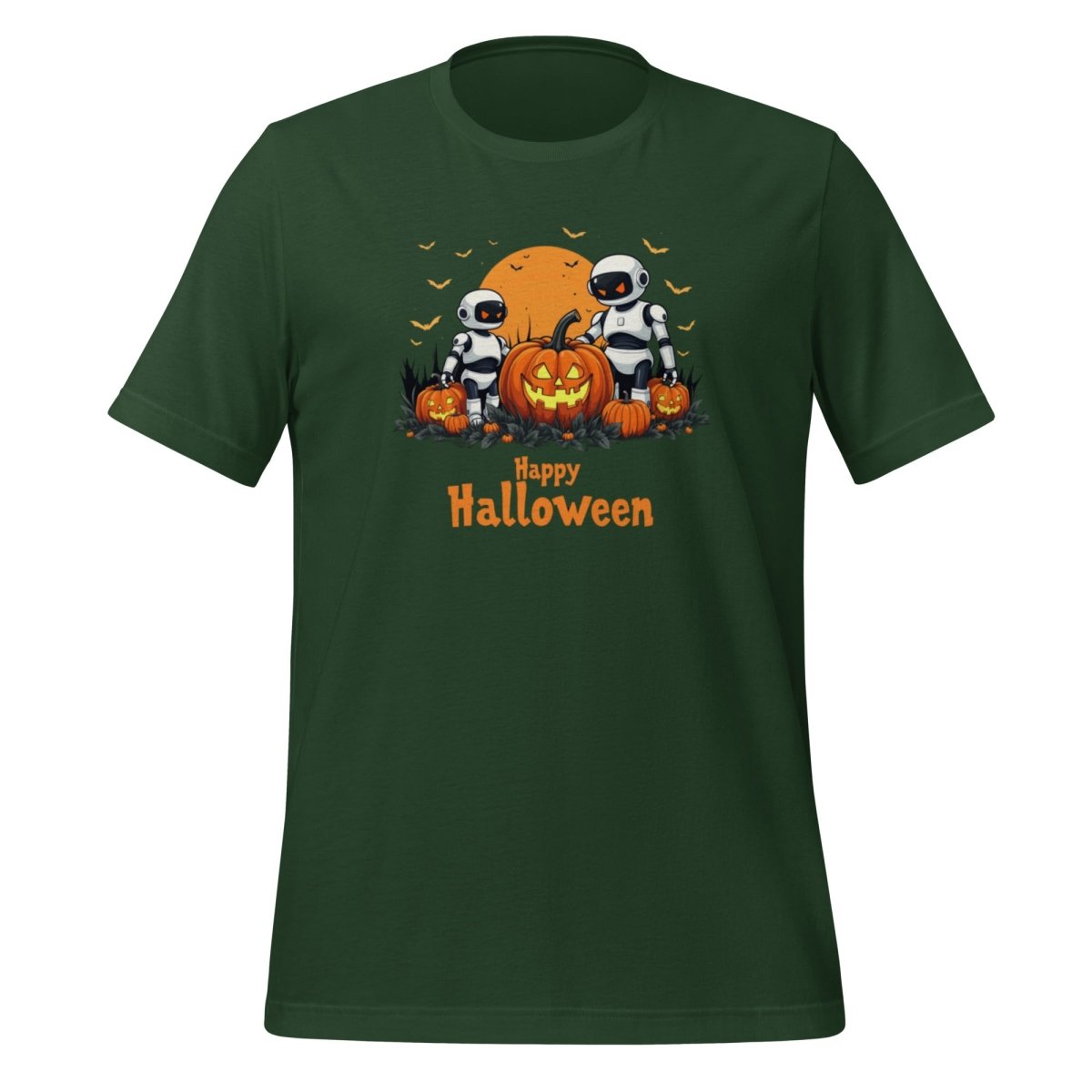Product mockup photo of the Happy Halloween Robots T Shirt 3 (unisex) 🎃 Forest / M.