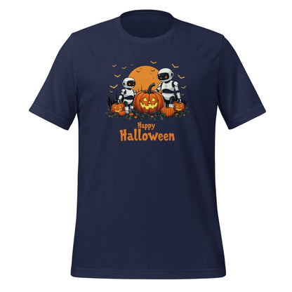 Product mockup photo of the Happy Halloween Robots T Shirt 3 (unisex) 🎃 Navy / M.