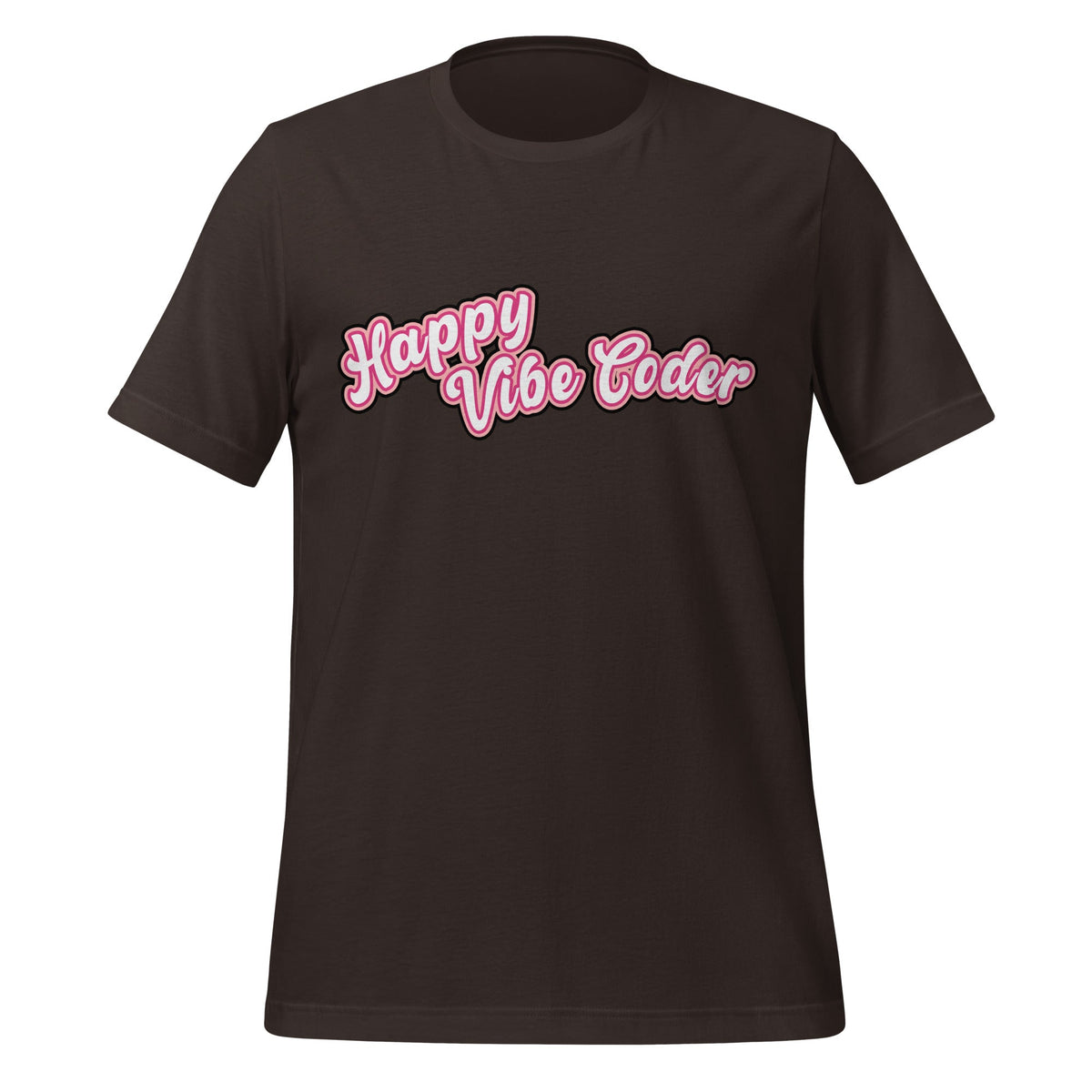 Mockup image of the Happy Vibe Coder T-Shirt (unisex) Brown / M.