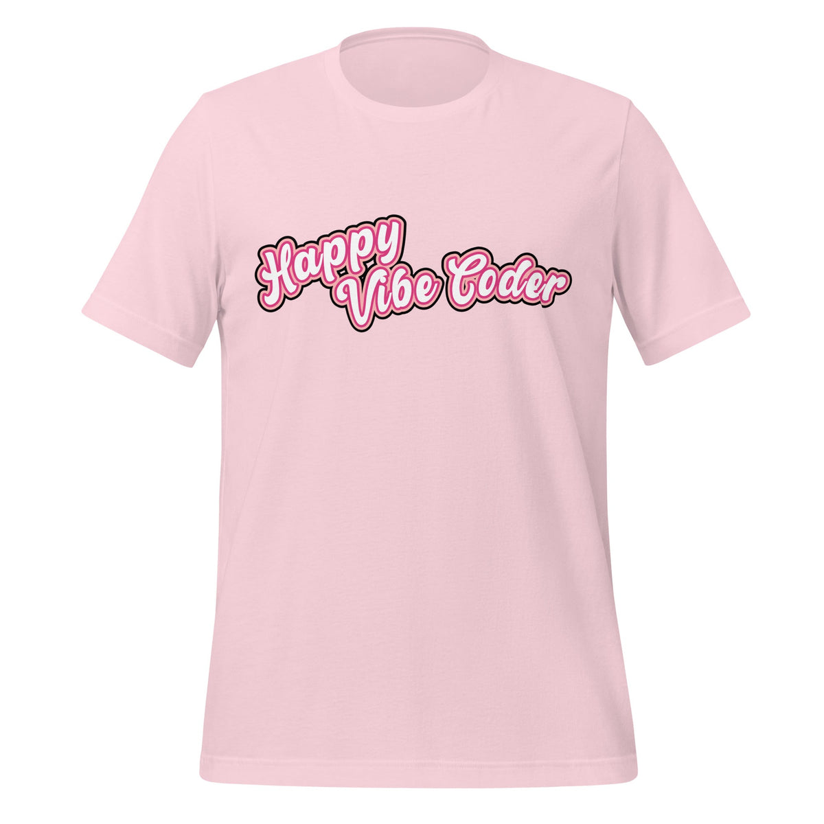 Mockup image of the Happy Vibe Coder T-Shirt (unisex) Soft Pink / M.