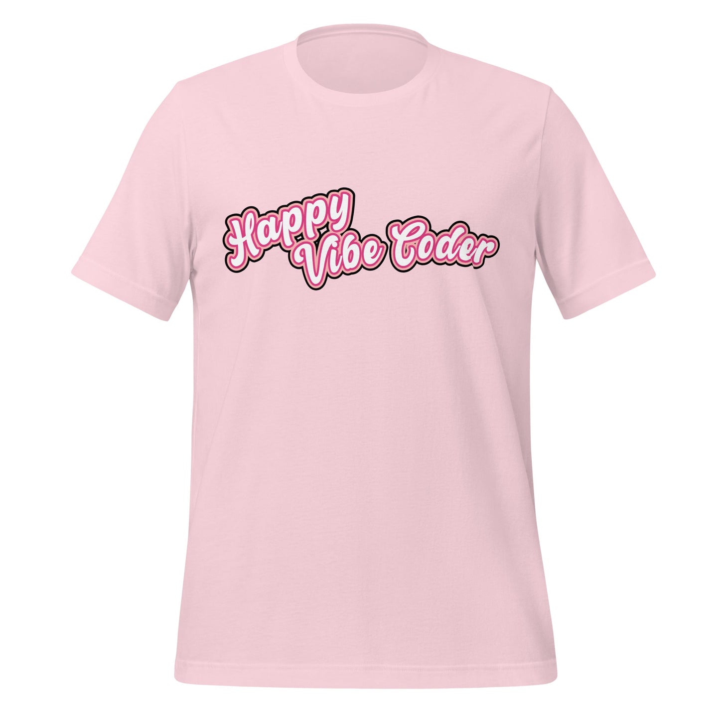 Mockup image of the Happy Vibe Coder T-Shirt (unisex) Soft Pink / M.