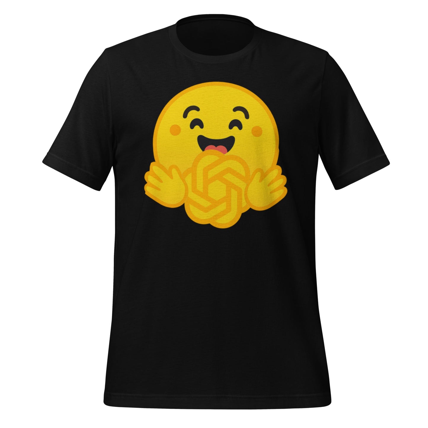 Product mockup photo of the Hugging Face Hugging OpenAI T Shirt (unisex) Black / M.