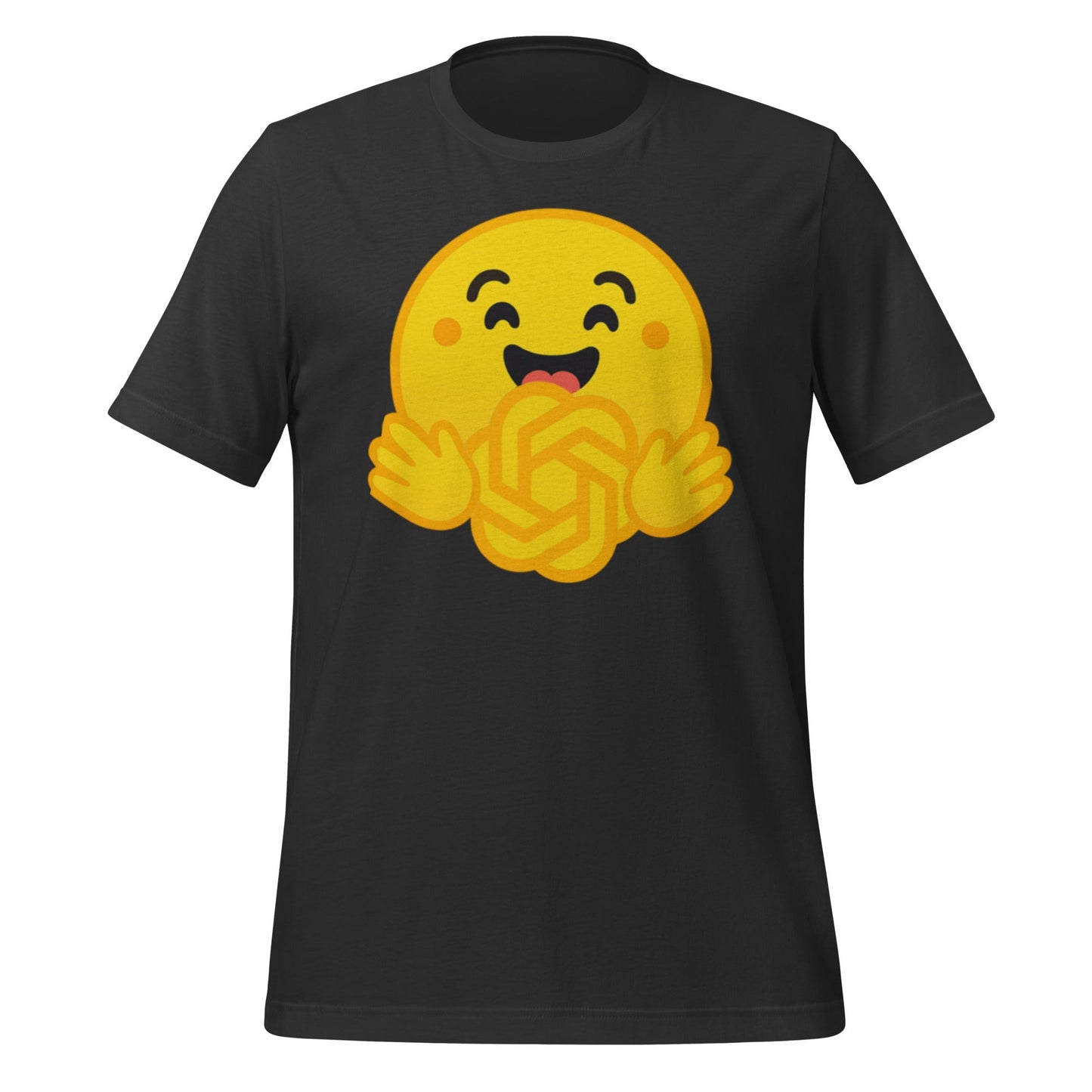 Product mockup photo of the Hugging Face Hugging OpenAI T Shirt (unisex) Dark Grey / M.