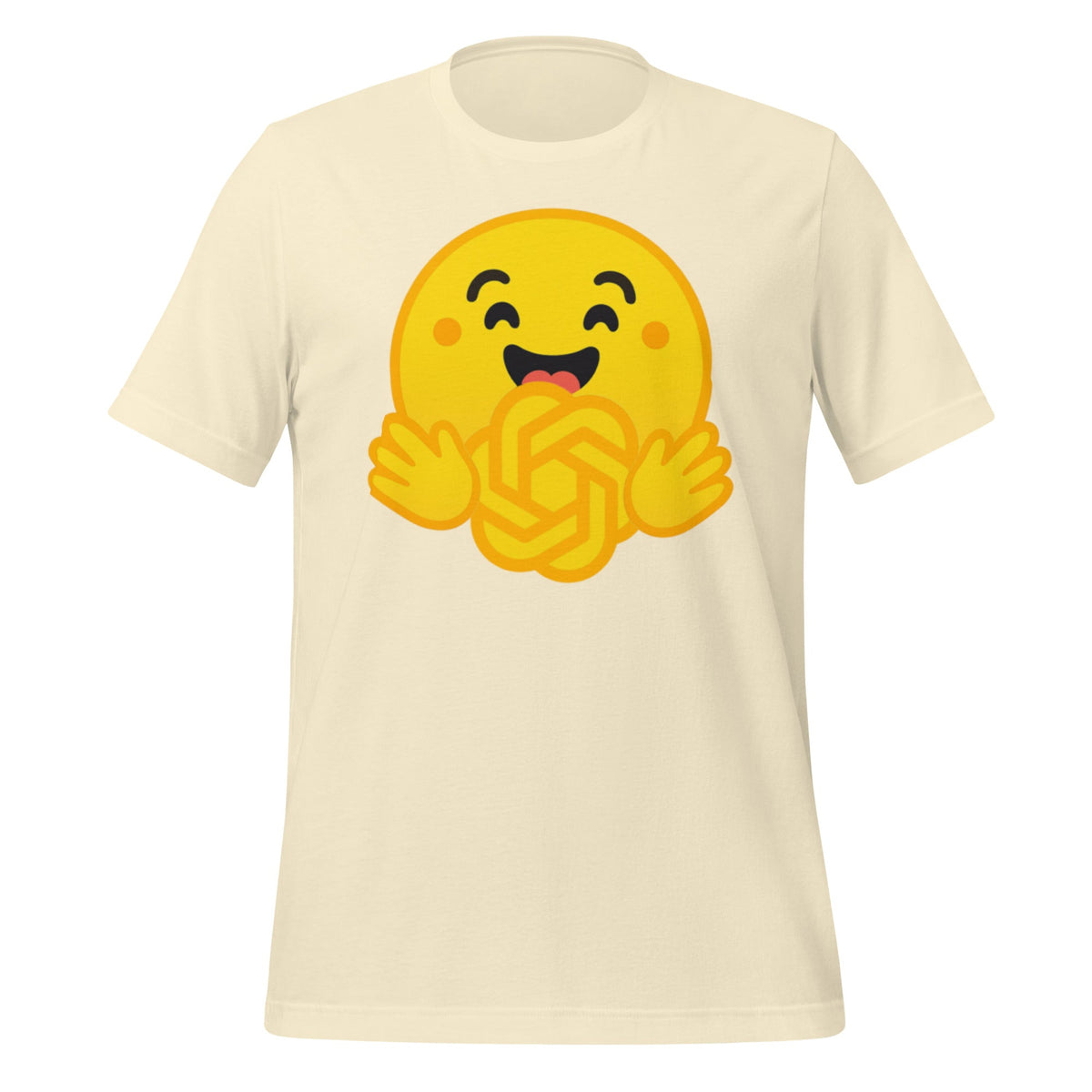 Product mockup photo of the Hugging Face Hugging OpenAI T Shirt (unisex) Natural / M.