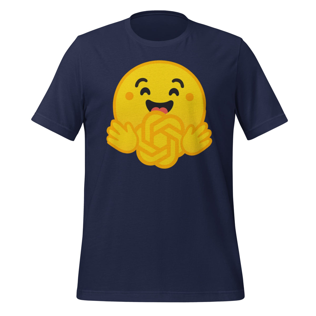 Product mockup photo of the Hugging Face Hugging OpenAI T Shirt (unisex) Navy / M.