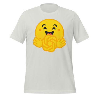 Product mockup photo of the Hugging Face Hugging OpenAI T Shirt (unisex) Silver / M.
