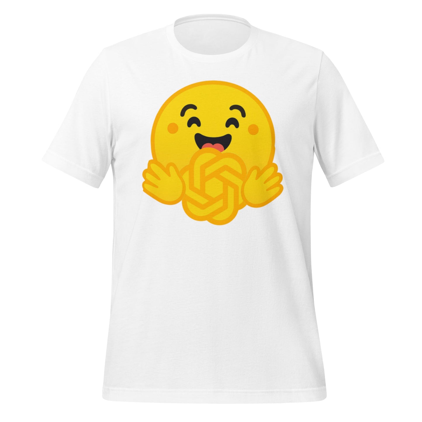 Product mockup photo of the Hugging Face Hugging OpenAI T Shirt (unisex) White / M.