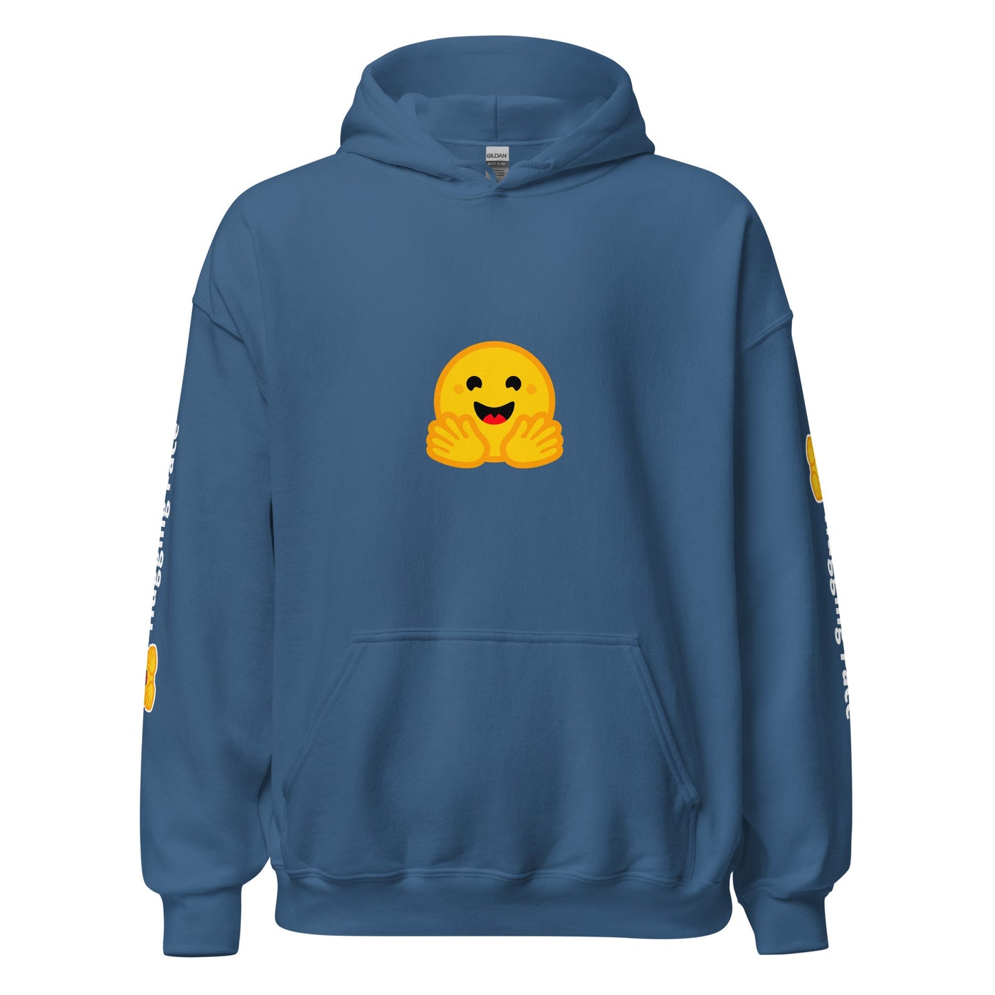 Image of the Hugging Face Icon and Logos Hoodie (unisex) Indigo Blue / M.