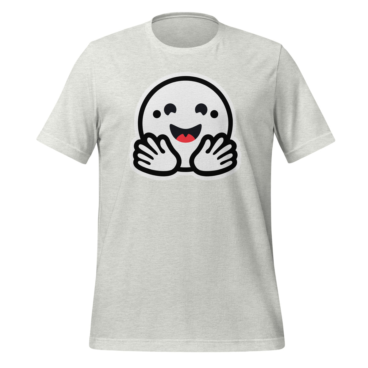 Product mockup photo of the Hugging Face Pirate Icon T Shirt (unisex) Ash / M.