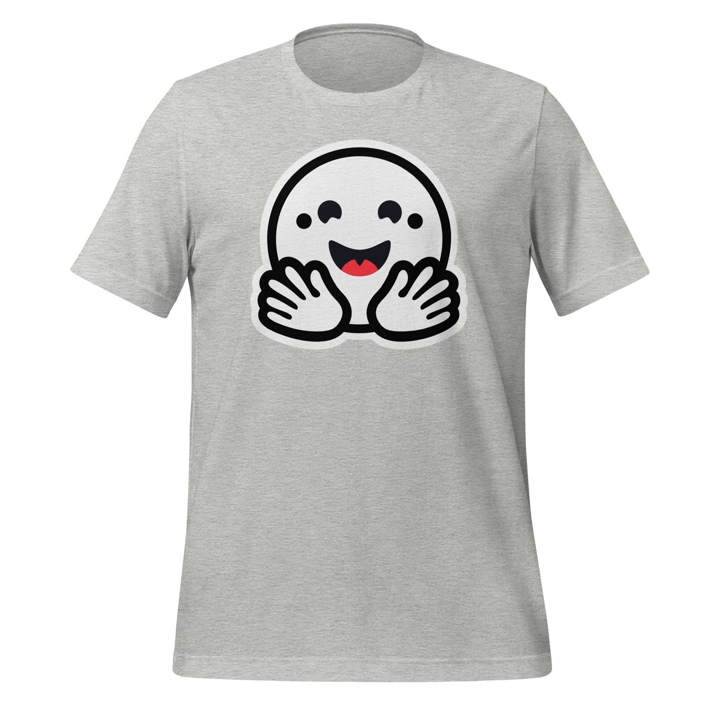 Product mockup photo of the Hugging Face Pirate Icon T Shirt (unisex) Athletic Heather / M.