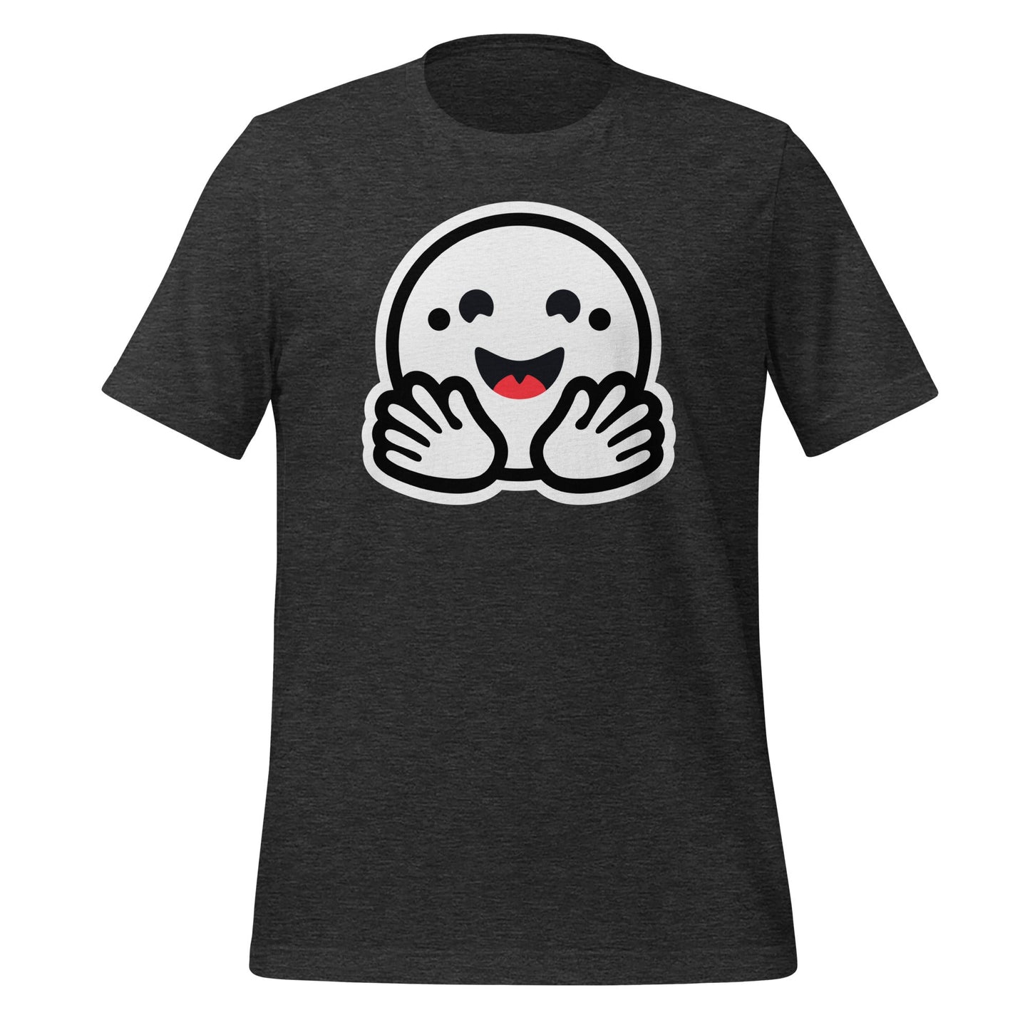 Product mockup photo of the Hugging Face Pirate Icon T Shirt (unisex) Dark Grey Heather / M.