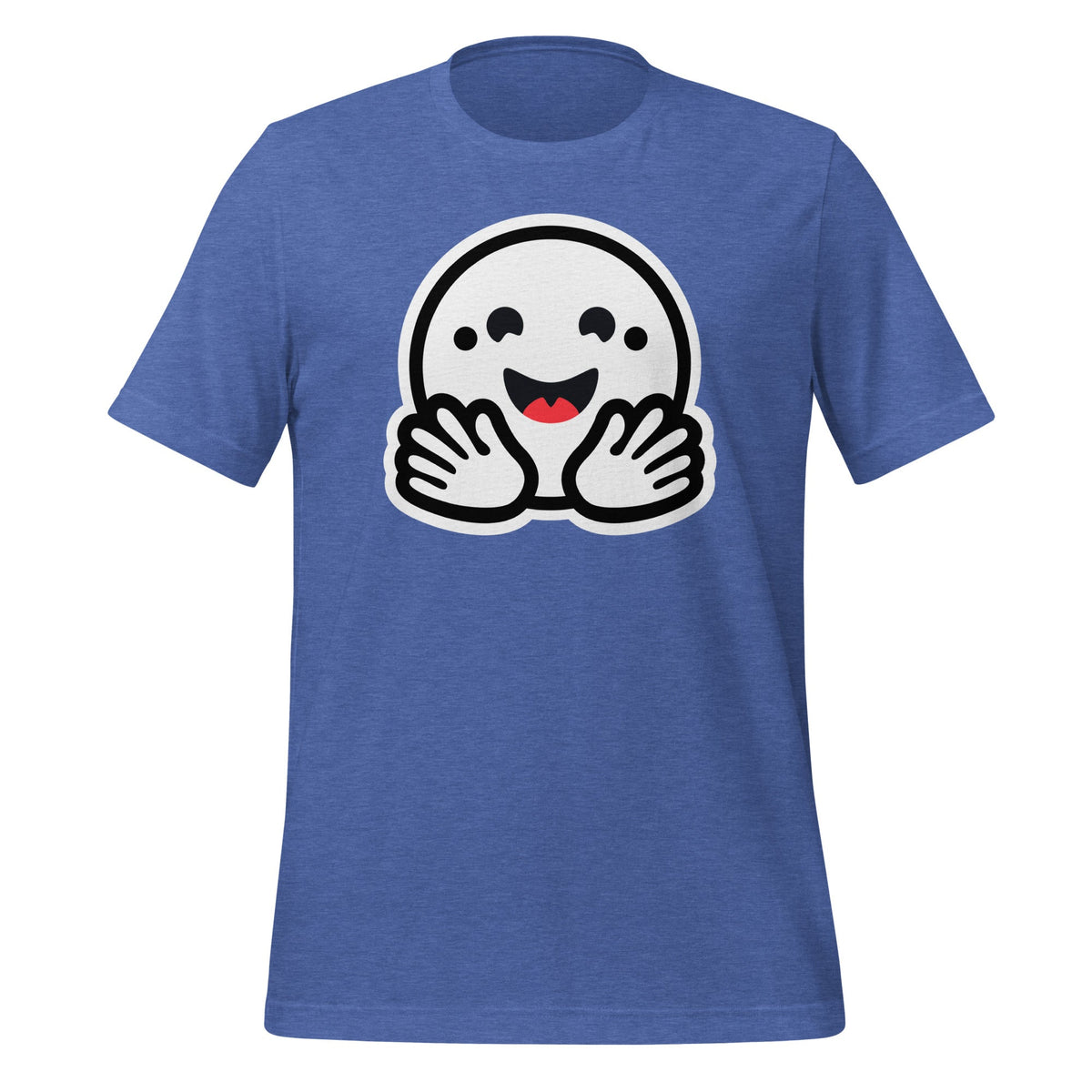 Product mockup photo of the Hugging Face Pirate Icon T Shirt (unisex) Heather True Royal / M.