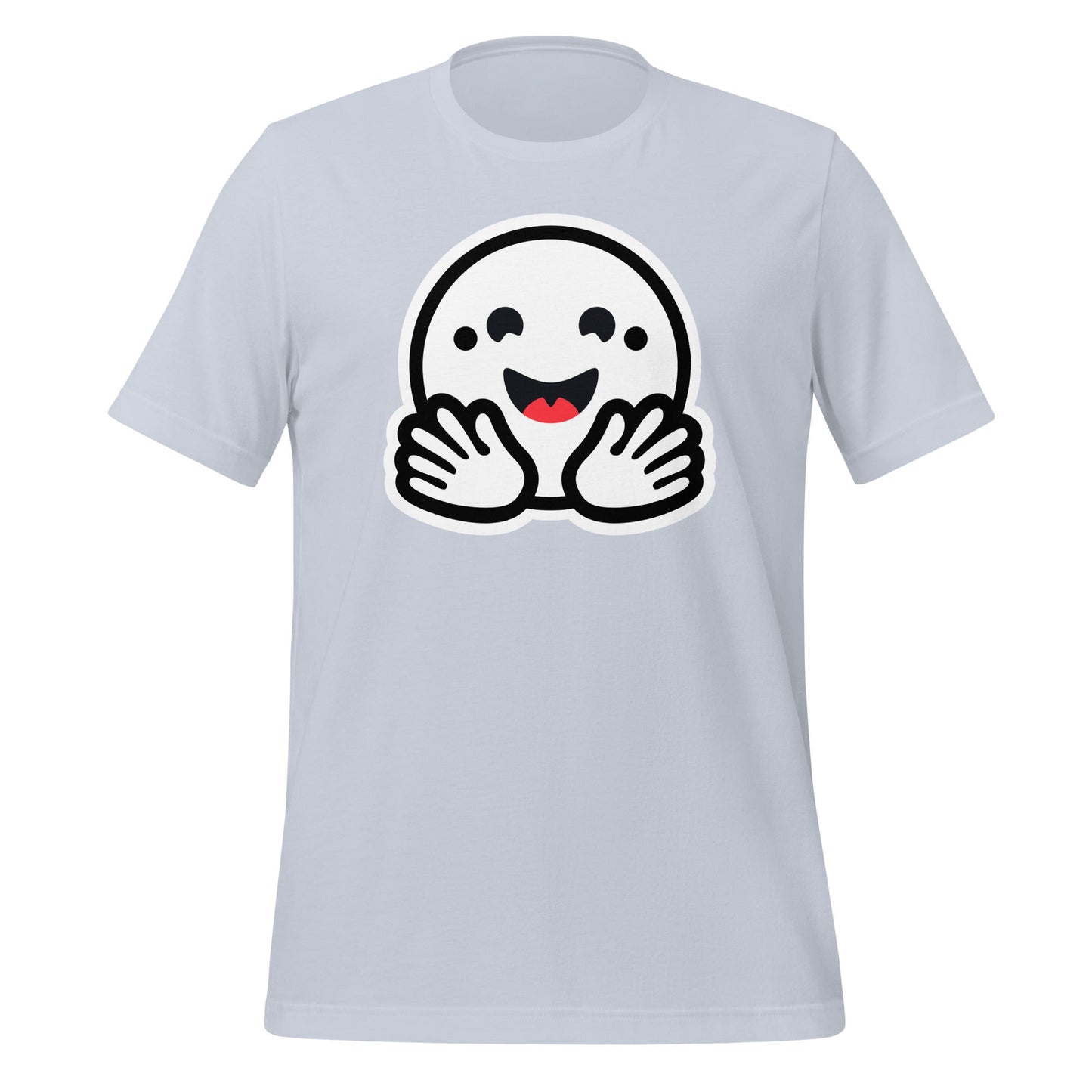 Product mockup photo of the Hugging Face Pirate Icon T Shirt (unisex) Light Blue / M.