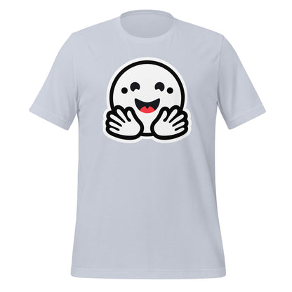 Product mockup photo of the Hugging Face Pirate Icon T Shirt (unisex) Light Blue / M.