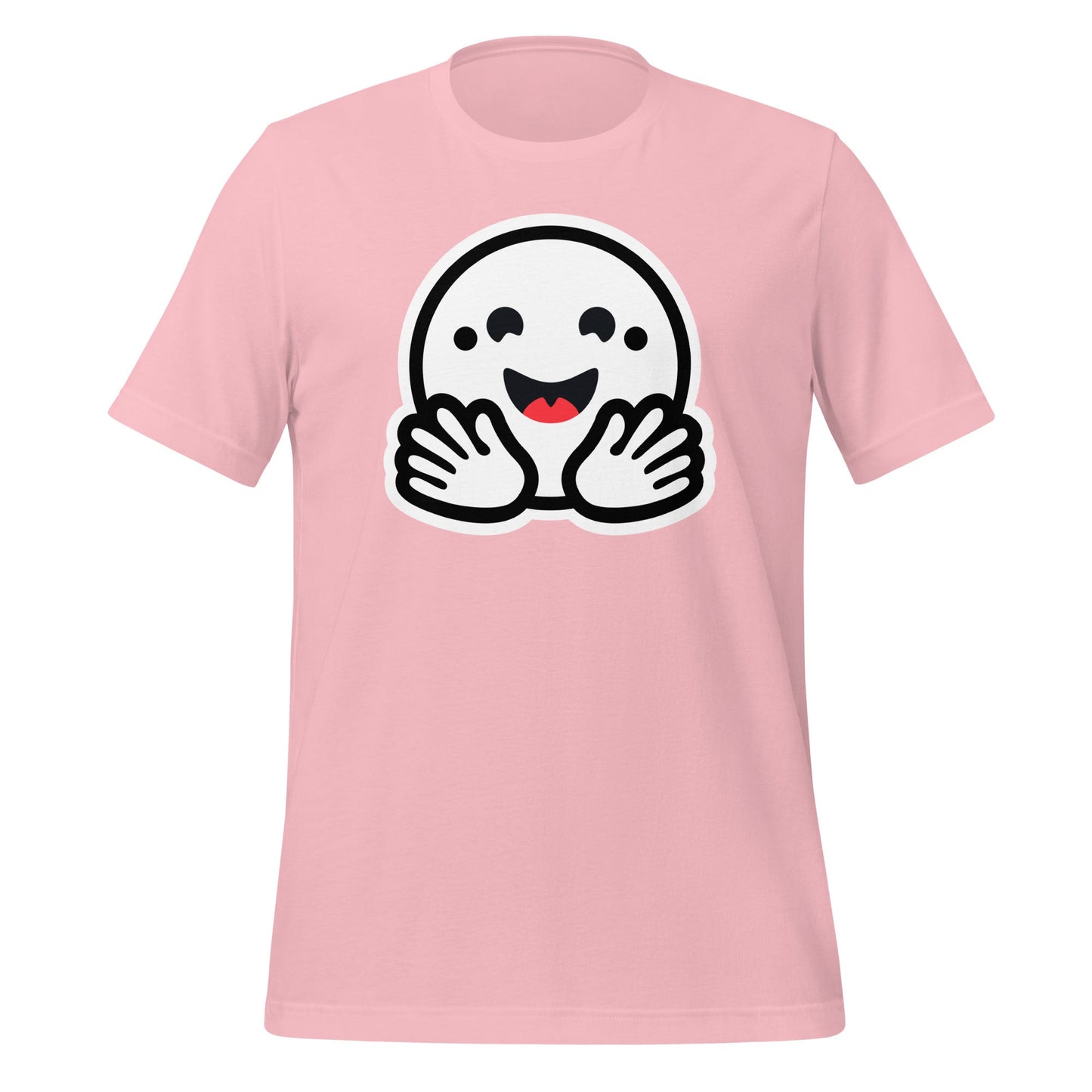 Product mockup photo of the Hugging Face Pirate Icon T Shirt (unisex) Pink / M.
