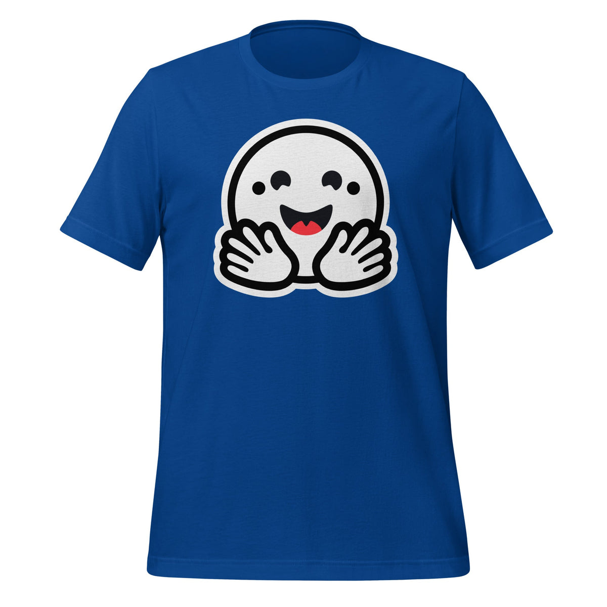 Product mockup photo of the Hugging Face Pirate Icon T Shirt (unisex) True Royal / M.