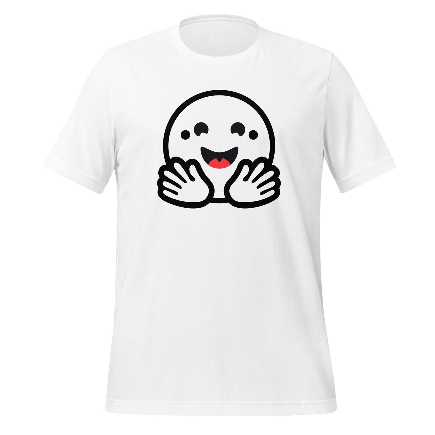 Product mockup photo of the Hugging Face Pirate Icon T Shirt (unisex) White / M.
