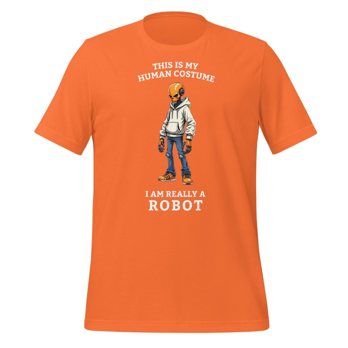 Product mockup photo of the Human Costume Robot T Shirt 2 (unisex) Orange / M.