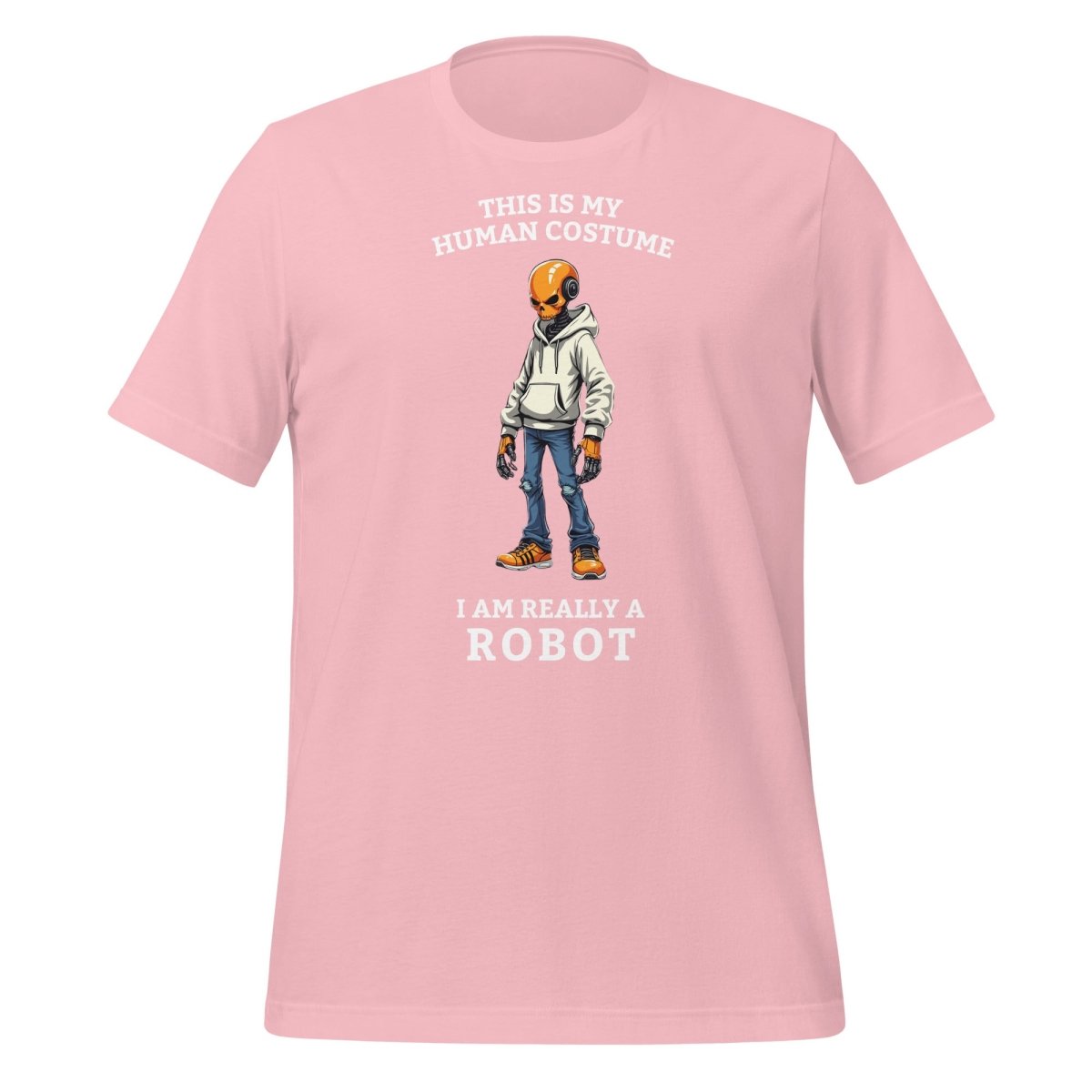 Product mockup photo of the Human Costume Robot T Shirt 2 (unisex) Pink / M.