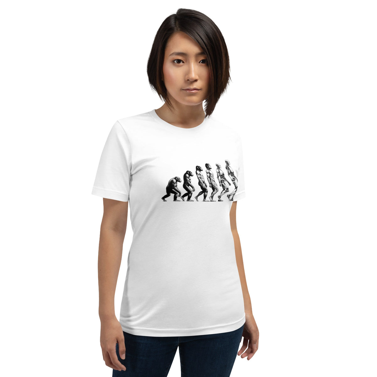 Product mockup photo of the Human Evolution to Robot T Shirt (unisex).